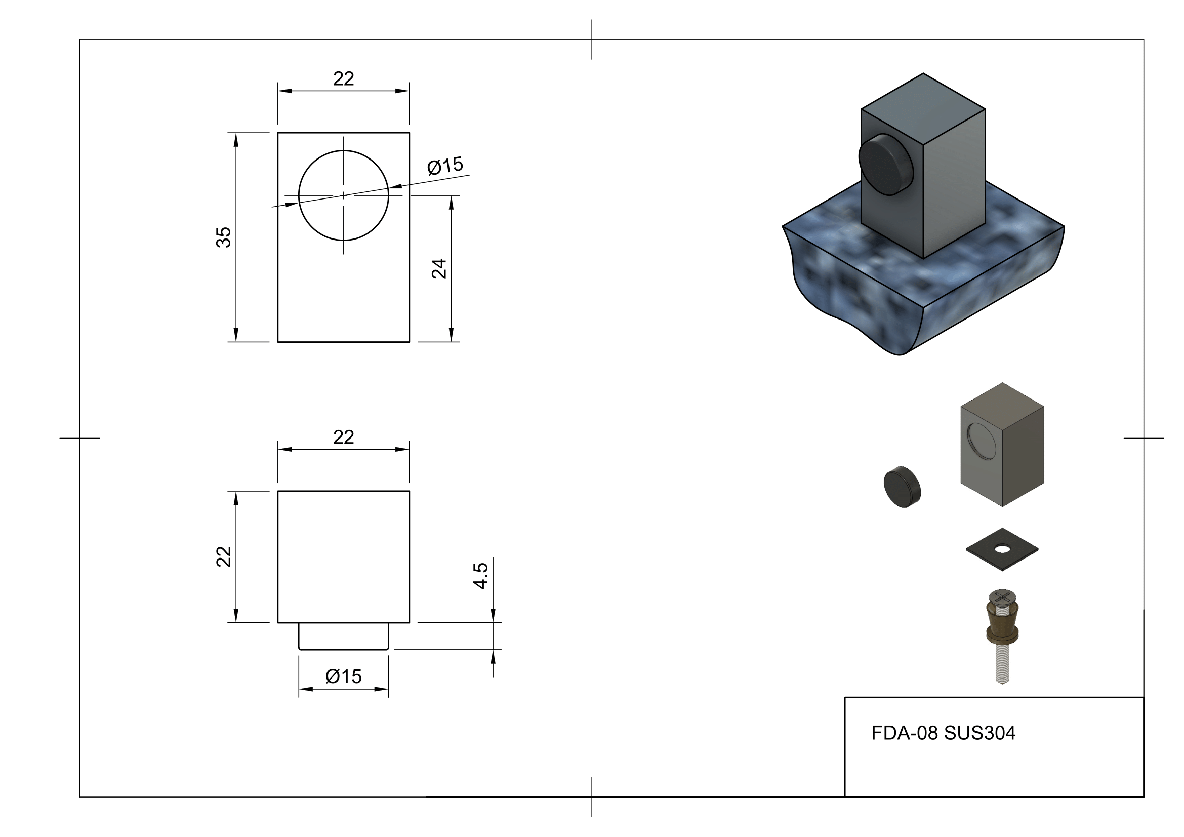 Чертеж дверного стопора к стене/полу FDA-08 SUS304