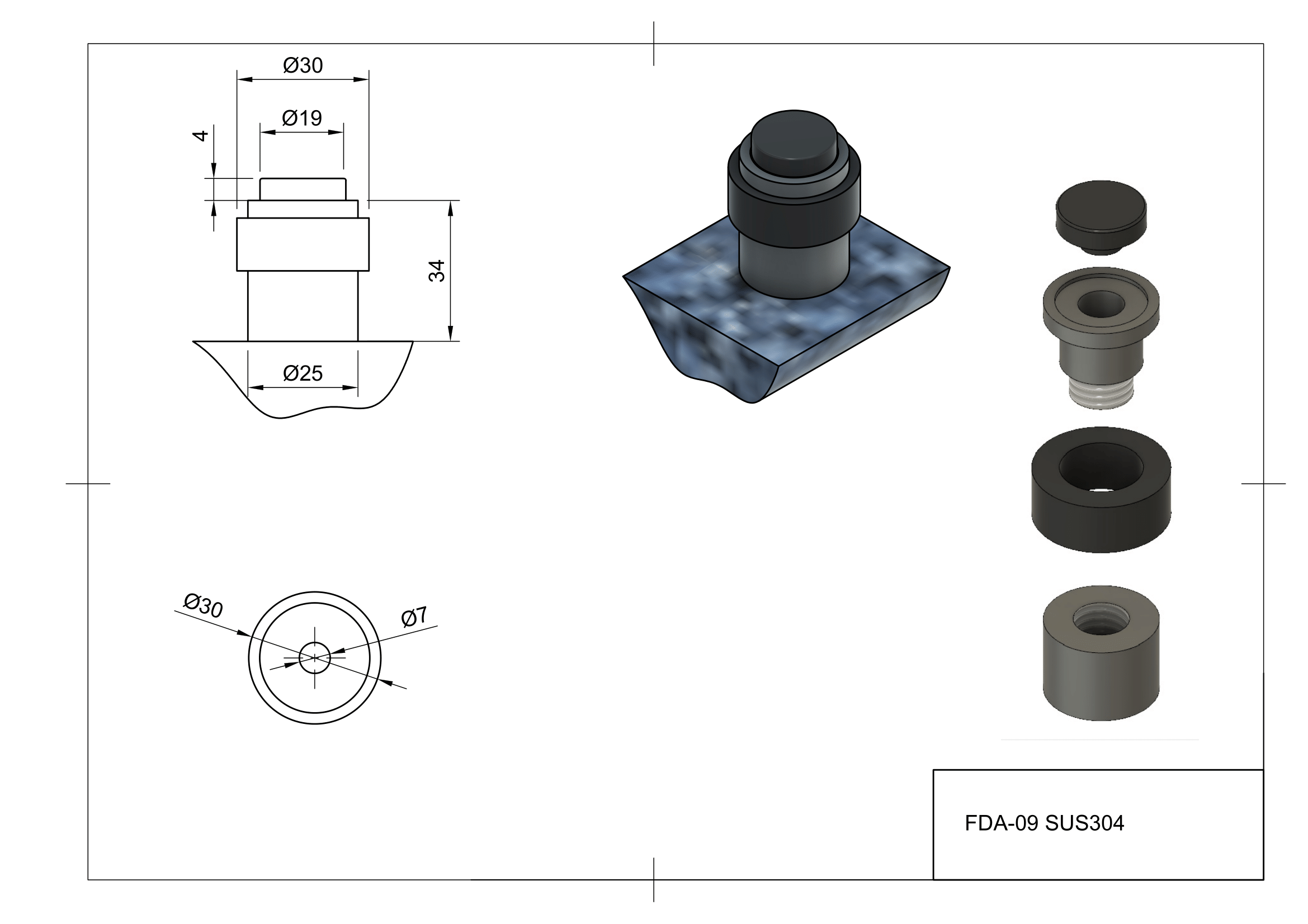 Чертеж дверного стопора к стене/полу FDA-09 SUS304