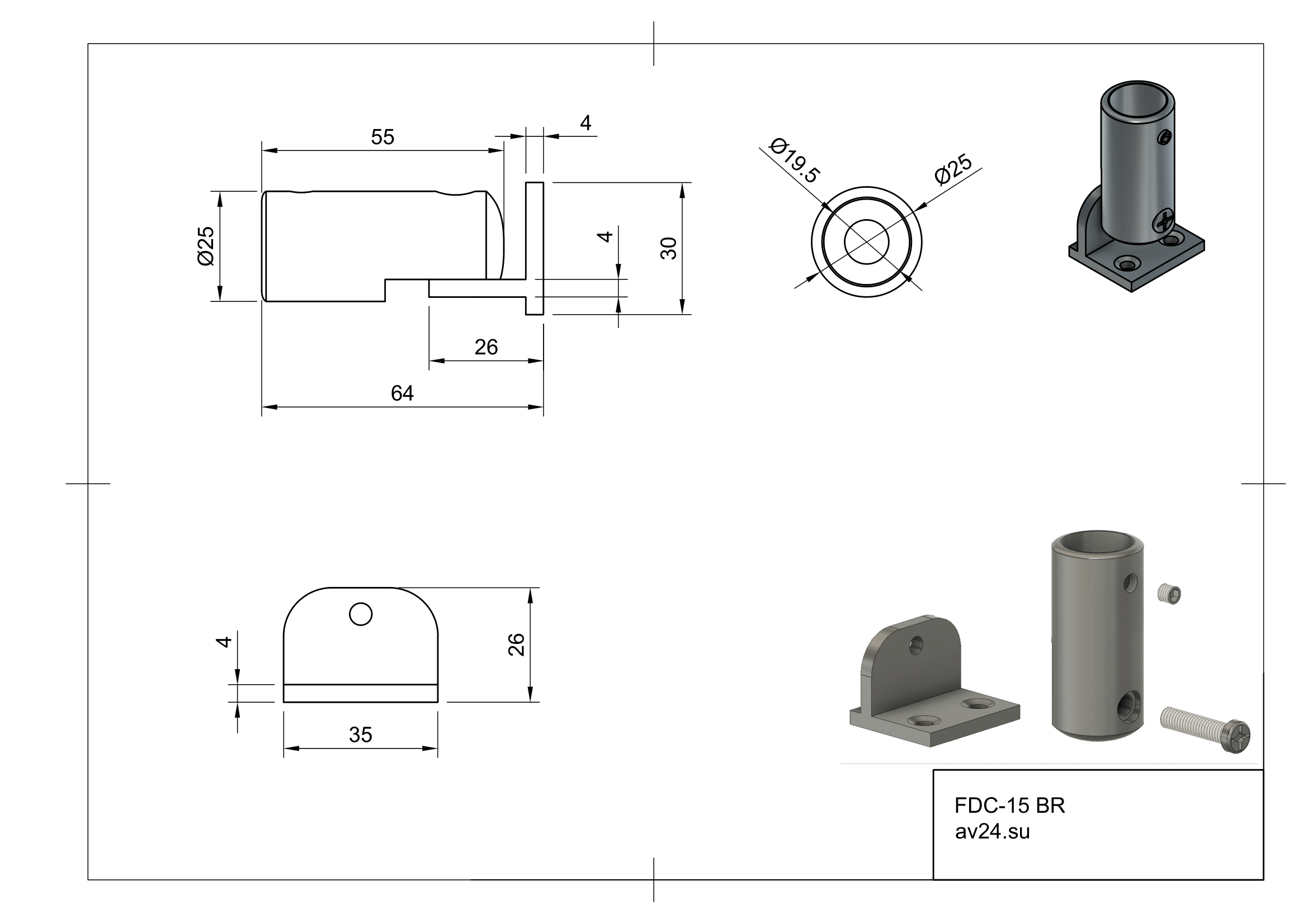 Чертеж крепления трубы 19 к стене 0°-180° FDC-15 BR