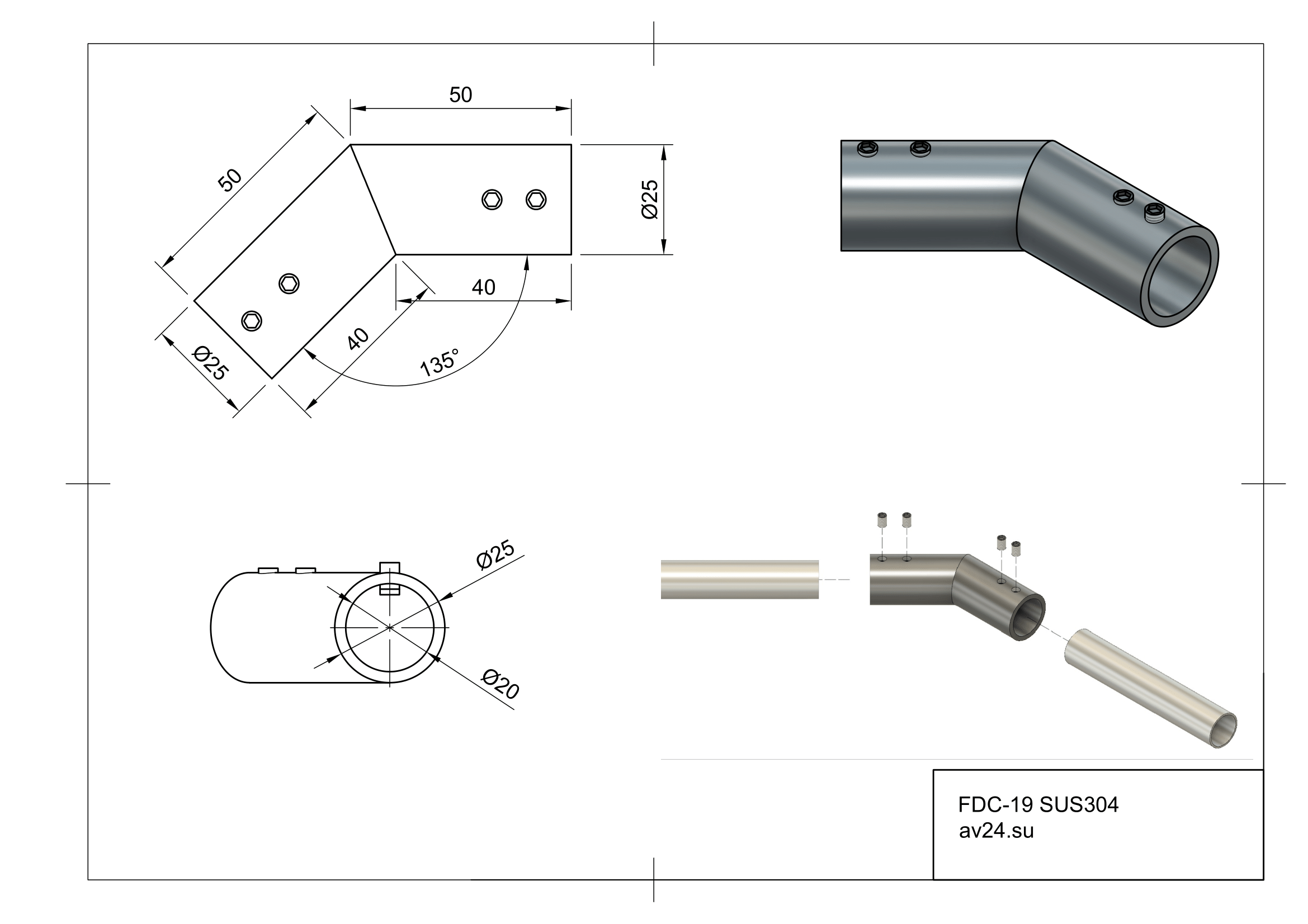 Чертеж cоединителz трубы 19 угловой 135° FDC-19