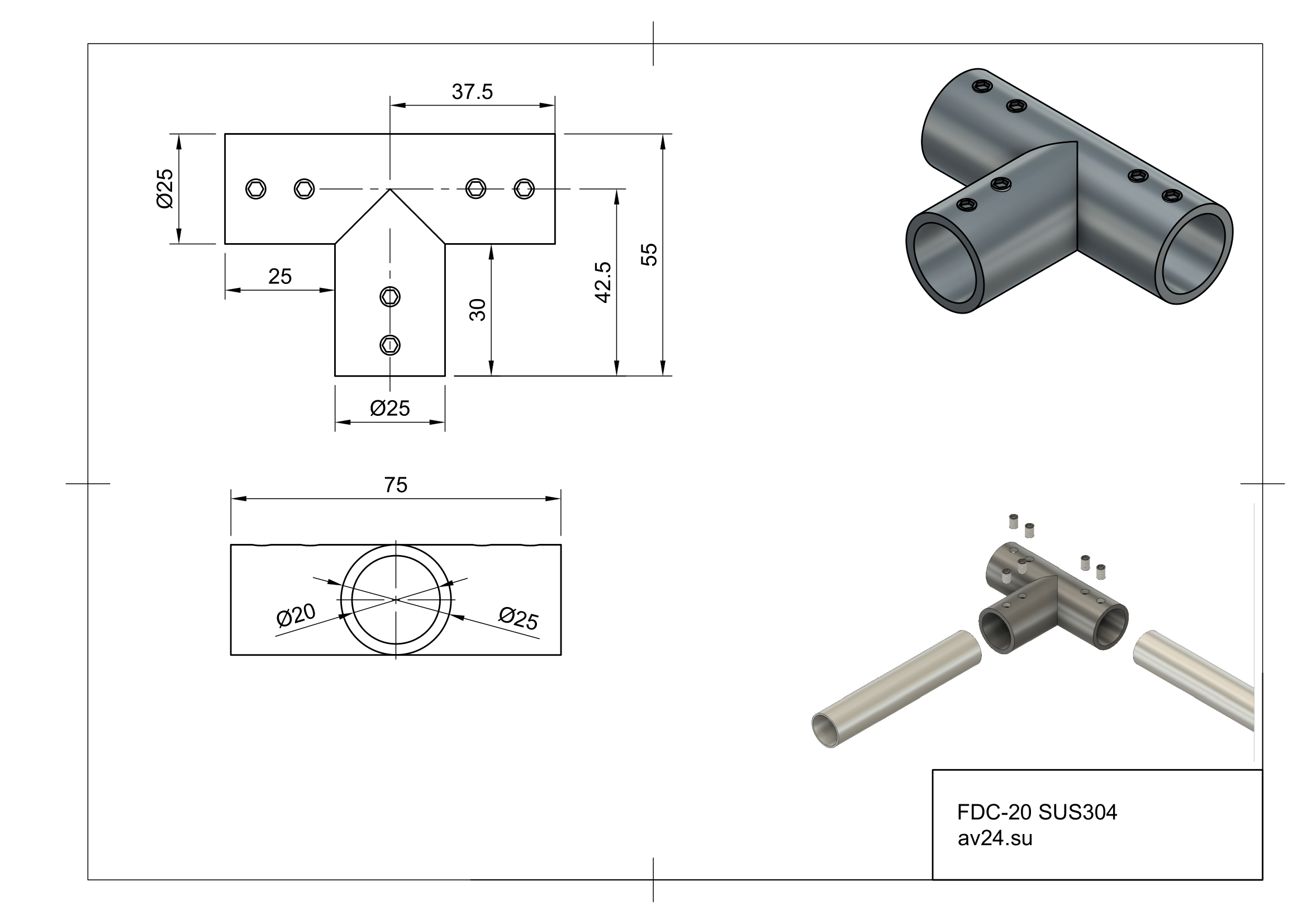 Чертеж соединителя трубы 19 Т-образный FDC-20