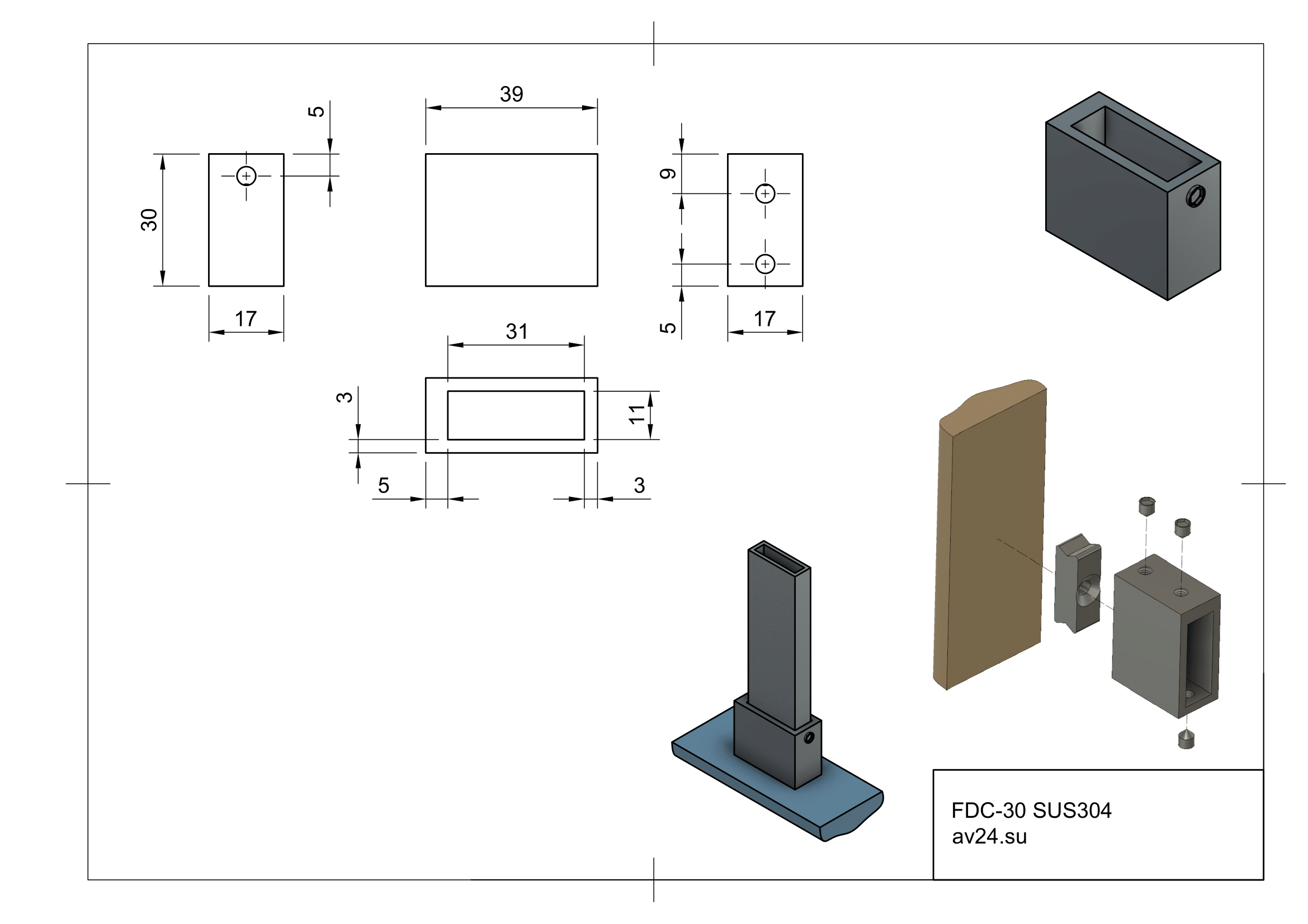 Чертеж крепление трубы 30х10 к стене FDC-30