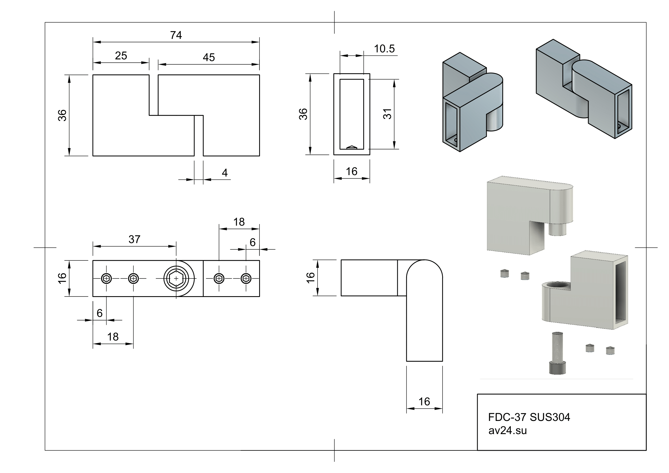 Чертеж соединителя трубы 30х10 FDC-37 SUS304