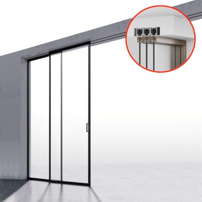 Комплект раздвижной системы DSK-194.2.1L AL/BL-MW на 2 двери в нишу с отталкивающим механизмом, левое открывание, скрытое крепление, алюминий/черный с белой крышкой