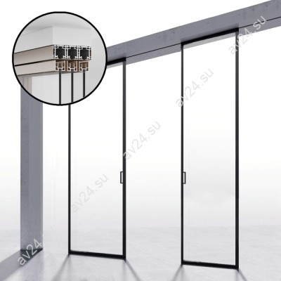 Комплект раздвижной системы DSK-191.2.2 AL/BL синхро на 2 двери (2С+0) открытое крепление в потолок, алюминий/черный