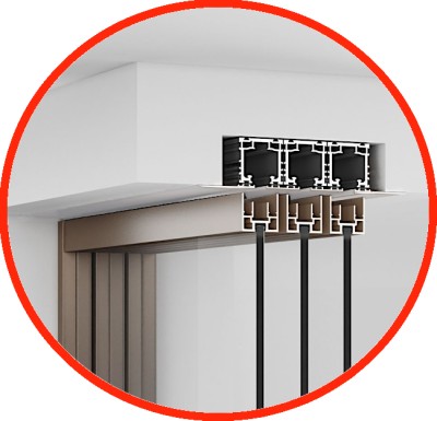 Комплект угловой раздвижной системы Диона DSK-193.6.1 AL/BN-MW на 3х3 двери, скрытое крепление в потолок или проем, алюминий/коричневый с белой потолочной крышкой