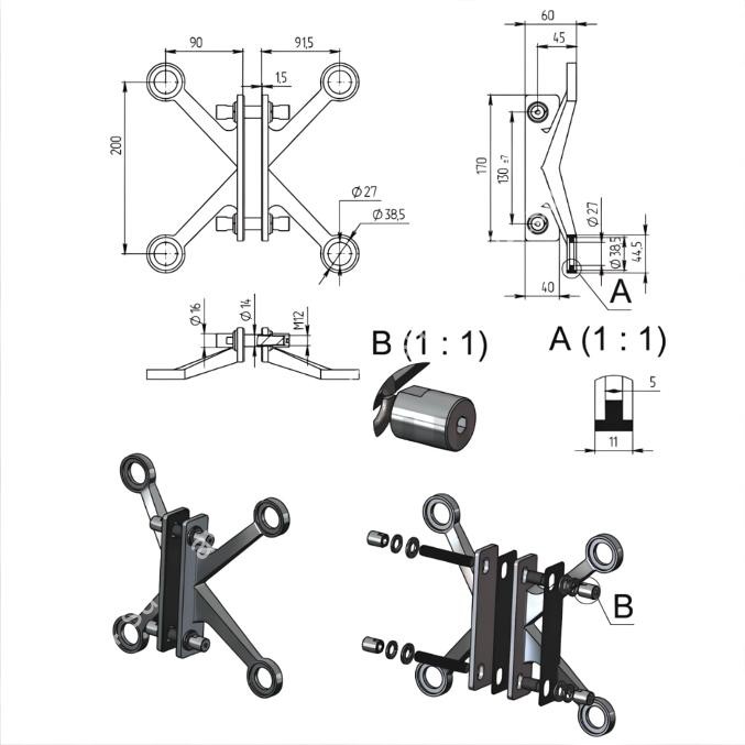 Спайдер FNS-008 на ребро жесткости двусторонний 4 точки, нержавейка/матовый