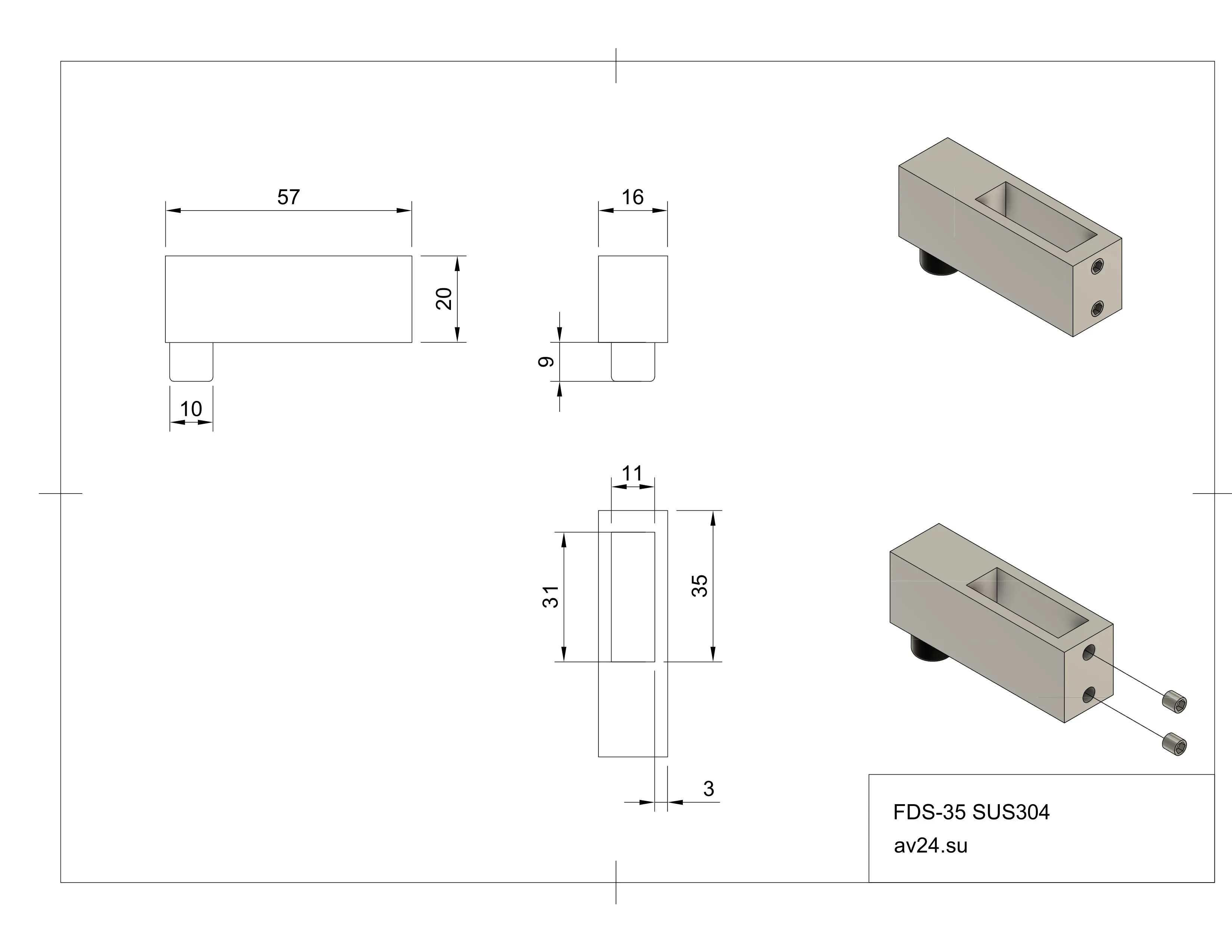Чертеж стопора на душевую трубу FDS-35 SUS304/SSS