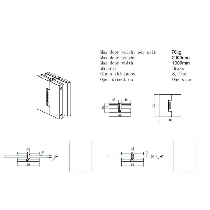 Петля Валия FDP-262 стекло-стекло 180°, латунь/брашированное золото