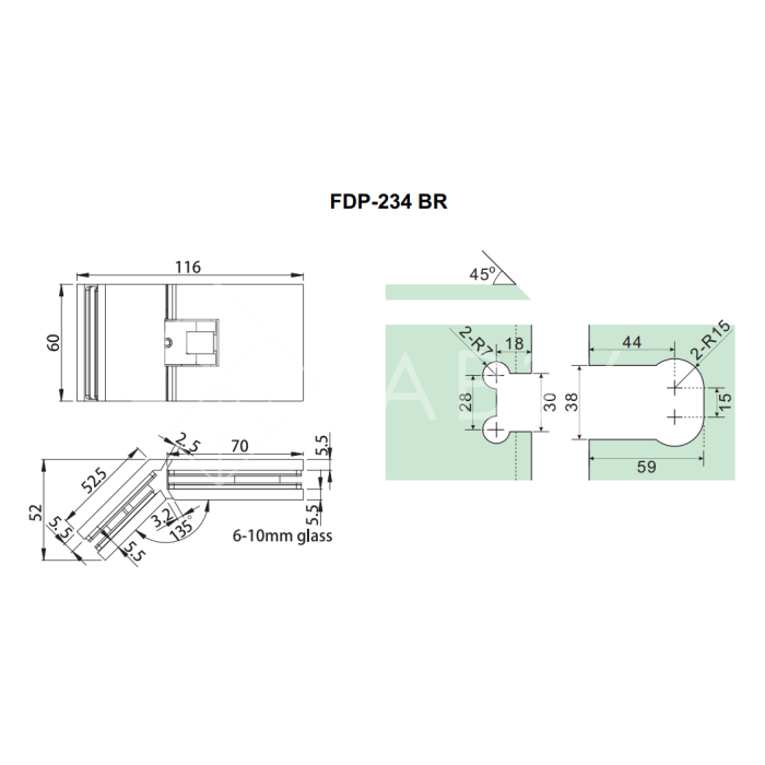 Петля Афродита FDP-234 стекло-стекло 135° с крышками, латунь/черный
