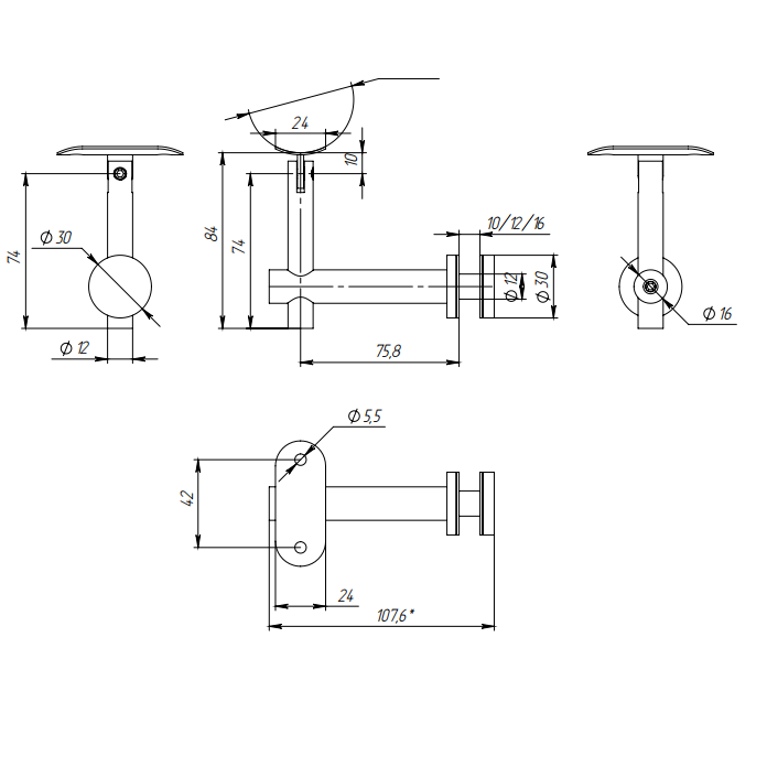 Регулируемый держатель FOP-50.20 на стекло 10-20 мм для трубы круглой O50.8 мм, нержавейка/полированный