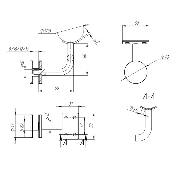 Литой держатель FOP-50.21 на стекло 10-20 мм для трубы круглой O50.8 мм, нержавейка/полированный