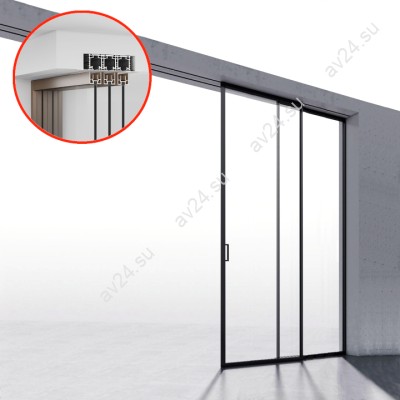 Комплект раздвижной системы DSK-194.2.1R AL/BN-MW на 2 двери в нишу с отталкивающим механизмом, правое открывание, скрытое крепление, алюминий/коричневый с белой потолочной крышкой