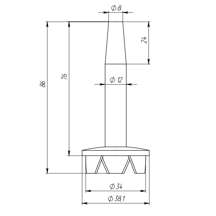 Наконечник штырь сварной FOP-38.25 для трубы O38 мм, без ложемента, нержавейка/полированный