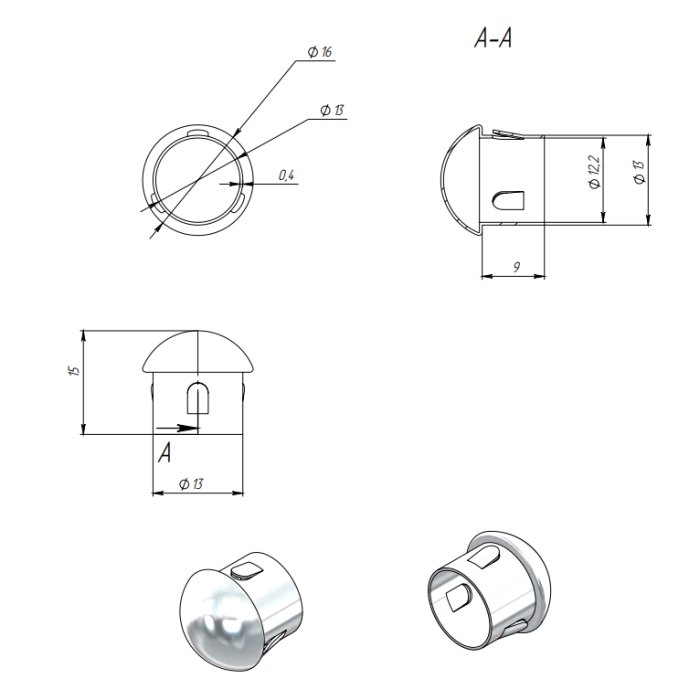 Заглушка забивная FOP-16.01 штампованная для трубы O16 мм, нержавейка/полированная