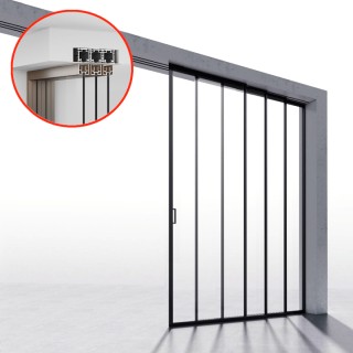 Комплект раздвижной системы Диона DSK-190.4.1R AL/BL-MW на 4 двери (4+0) Правое открывание, скрытое крепление в проем, алюминий/черный с белой крышкой