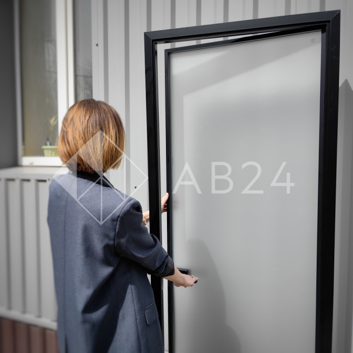 Дверь алюминиевая межкомнатная 700х2000 левая открывание внутрь, стекло матовое FMD-7L-1 AL/Bl-Sn Черная