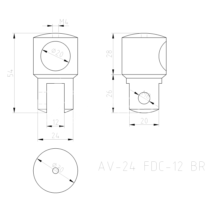 Держатель стекла FDC-12 трубы 19 торцевой 0°-360°, латунь/черный