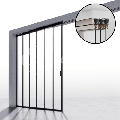 Комплект раздвижной системы DSK-190.4.2L AL/BL на 4 двери (4+0) Левое открывание, открытое крепление в проем, алюминий/черный