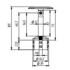 Наконечник штырь FOP-38.23 для трубы O38 с ложем O50.8, регулируемый, GRIT 320, нержавейка/матовый