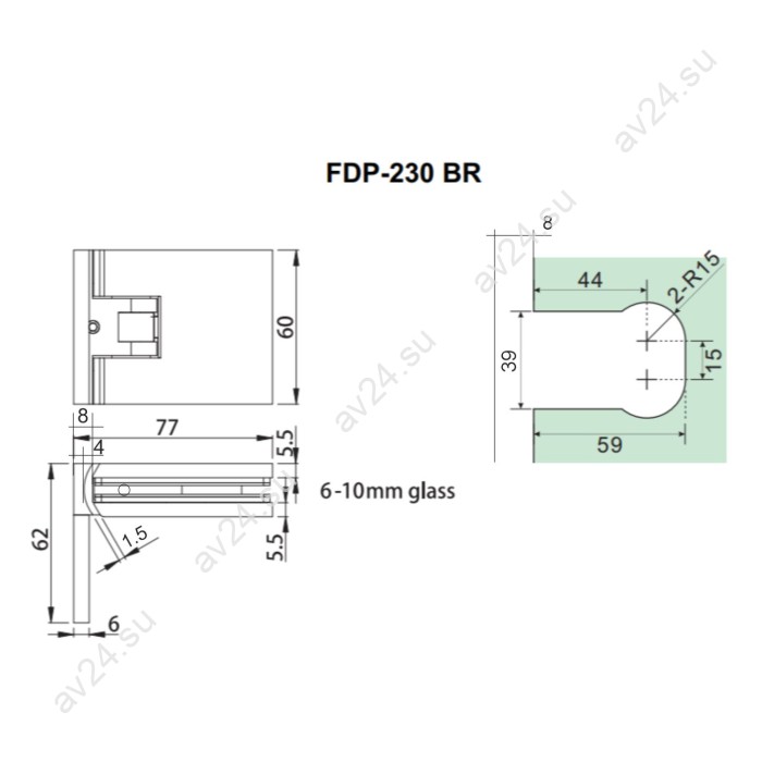 Петля Афродита FDP-230 стена-стекло 90° с крышками, латунь/белый