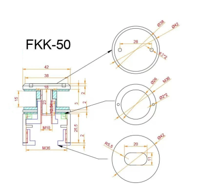 Точечное крепление FKK-50, Ø42мм с регулировкой в 3 плоскостях 34-38мм, для стекла 6-17мм, нержавеющая сталь/матовый