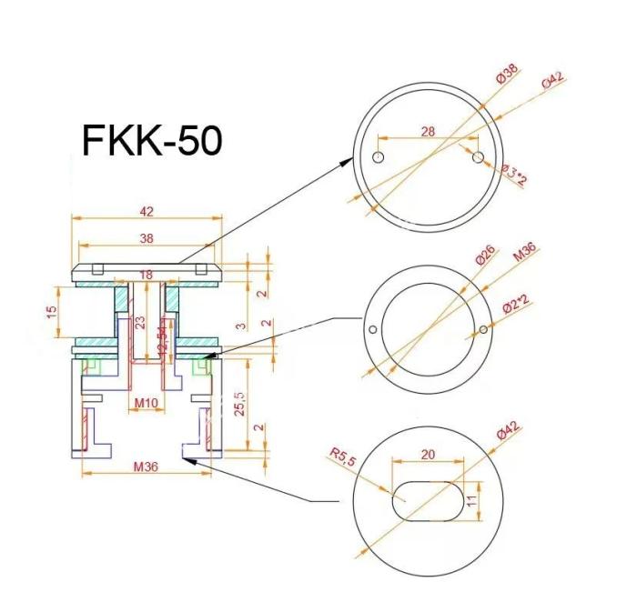 Точечное крепление FKK-50, Ø42 мм с регулировкой в 3 плоскостях 34-38мм, для стекла 6-17мм, нержавеющая сталь/черный