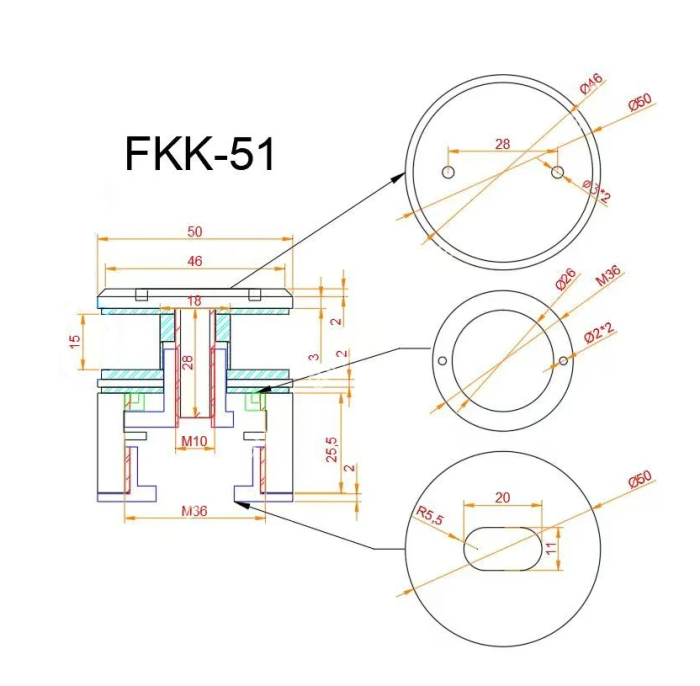 Точечное крепление FKK-51, Ø50 мм с регулировкой в 3 плоскостях 34-38мм, для стекла 6-20мм, нержавеющая сталь/черный