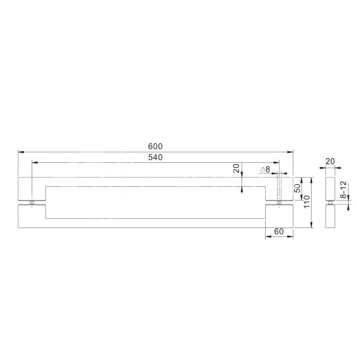Ручка для сауны FDR-173, 20х20х600 мм, ясень/бесцветный