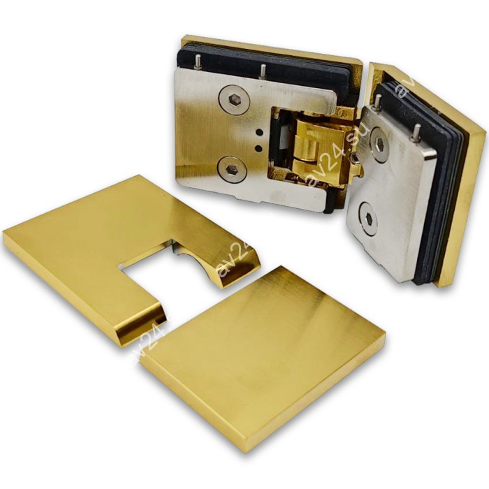 Петля Афродита FDP-234 стекло-стекло 135° с крышками, латунь/брашированное золото