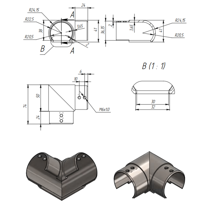 Отвод FOP-48p.07 для поручня угловой 90° с пазом, Ø48.3 мм, GRIT 320, нержавейка/матовый