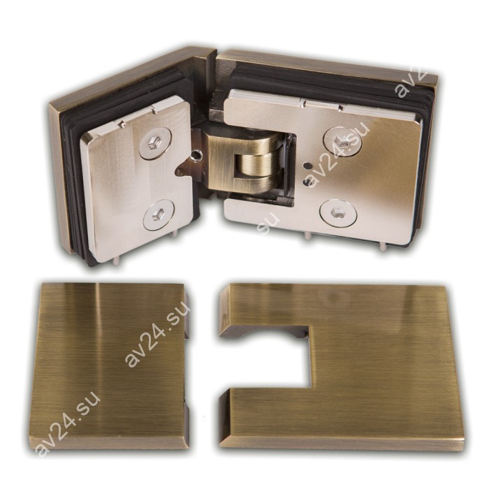 Петля Афродита FDP-234 стекло-стекло 135° с крышками, латунь/бронза