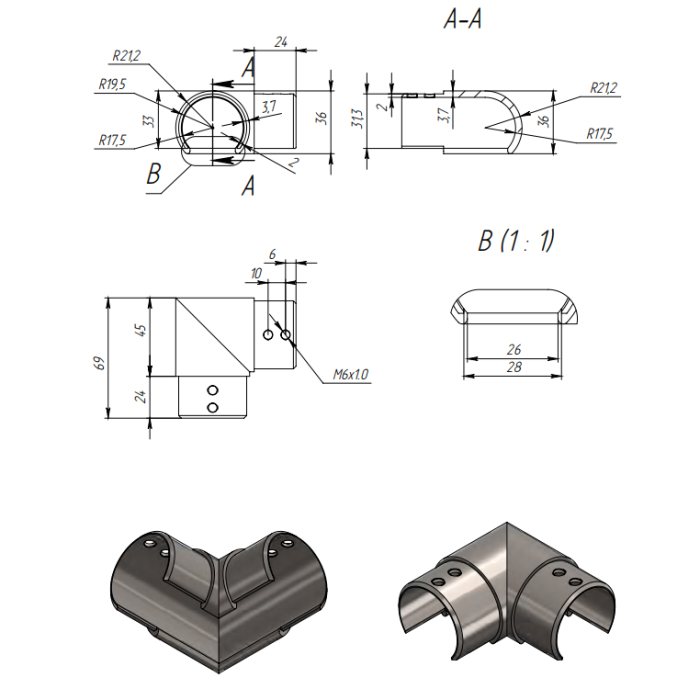 Отвод FOP-42p.07 для поручня угловой 90° с пазом, Ø42.4 мм, GRIT 600, нержавейка/матовый
