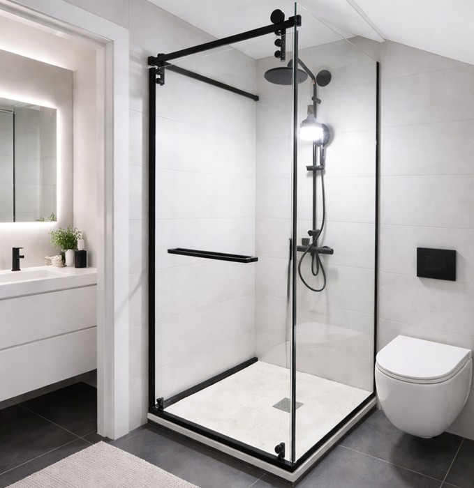 Комплект раздвижной системы Клио FDS-105 c двумя рельсами, для трубы 30х10, нержавейка/черный