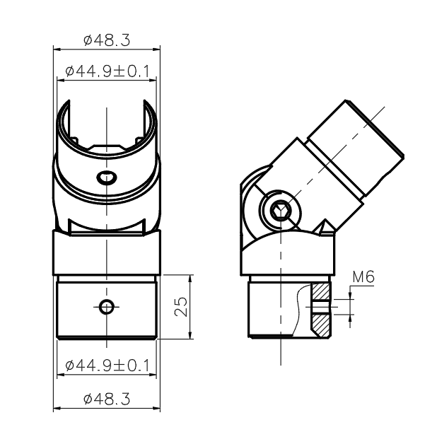 Отвод поворотный FOP-48p.09 шарнирный для поручня с пазом Ø48.3 мм, нержавейка/матовый