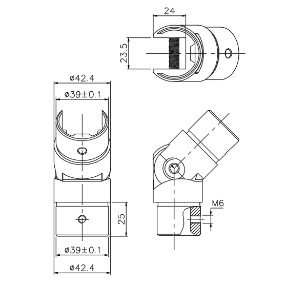 Отвод поворотный FOP-42p.09 шарнирный для поручня с пазом Ø42.4, нержавейка/полированный
