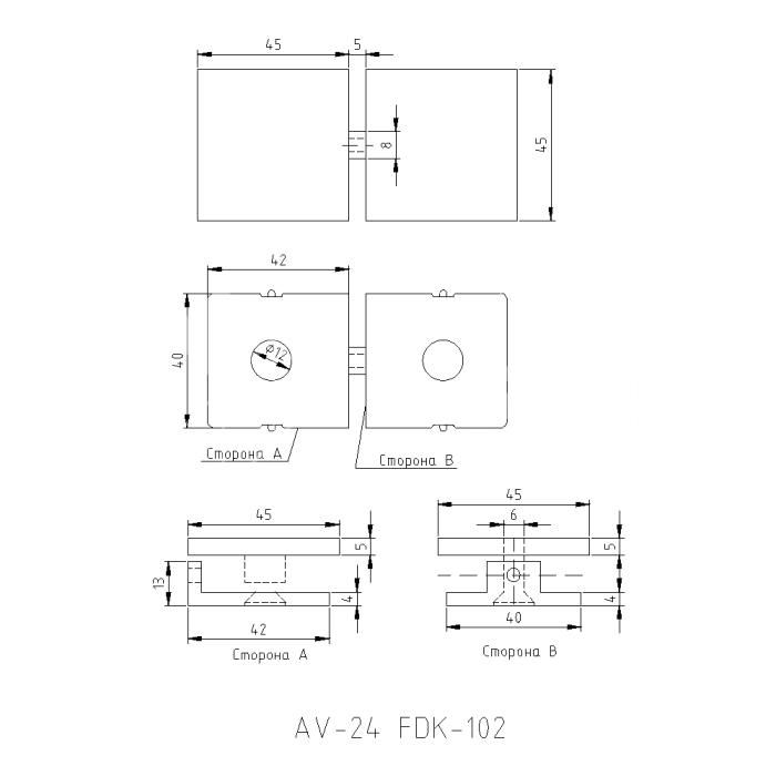 Коннектор для стекла Пегас FDK-102, стекло-стекло поворотный 90x45 мм, латунь/черный