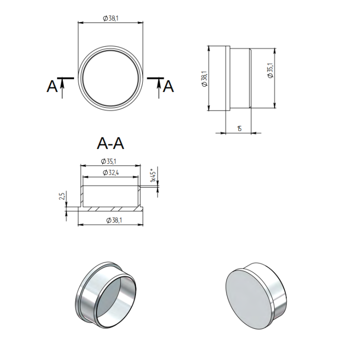 Заглушка FOP-38.02 для трубы круглой O38 мм,GRIT 600, нержавейка/полированный