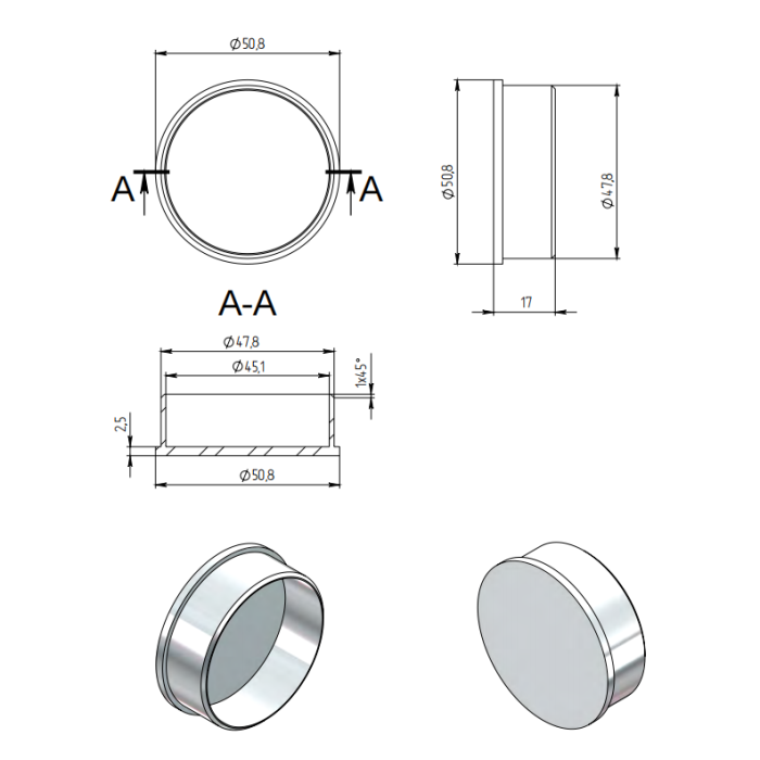 Заглушка FOP-50.02 для трубы круглой O50.8 мм,GRIT 600, нержавейка/полированный
