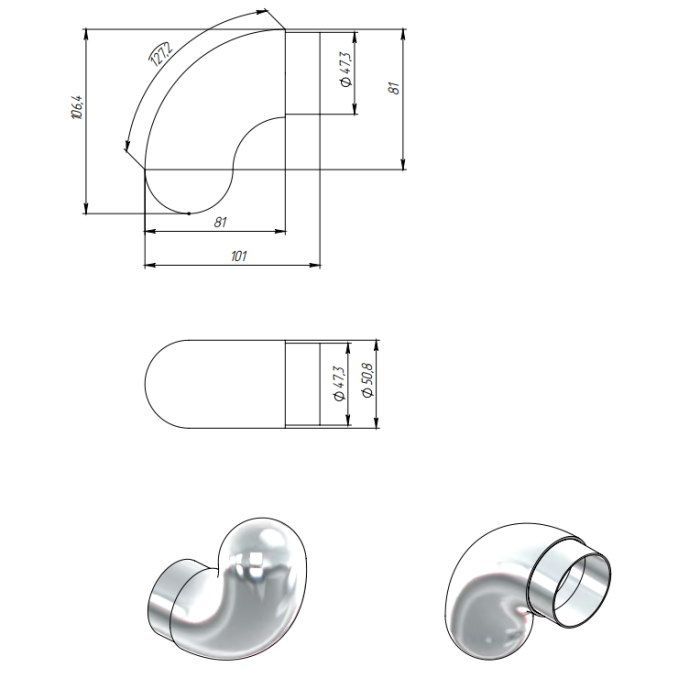 Отвод оконечный FOP-50.04 "капля", для трубы Ø50.8*1.5 мм, GRIT 600, нержавейка/полированный