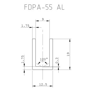 Профиль для стекла FDPA-55.3, 19х12,5х1,75, длина 3 м, алюминий/матовый
