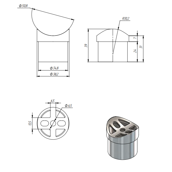 Наконечник седловина FOP-38.26 для трубы O38хO50.8 мм, GRIT 320, нержавейка/матовый