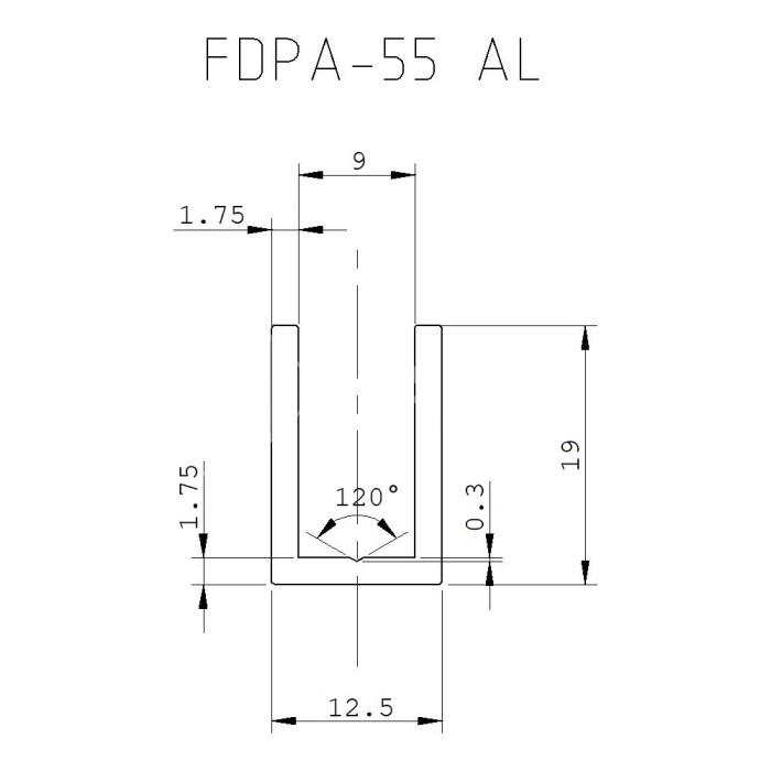 Профиль для стекла FDPA-55.3, 19х12,5х1,75 мм, длина 3 м, алюминий/бронза 