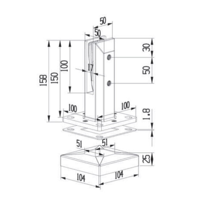 Стойка FOS-102 ПРЕМИУМ для стекла напольная 100х158 мм без сверления, дюплекс/брашированное золото