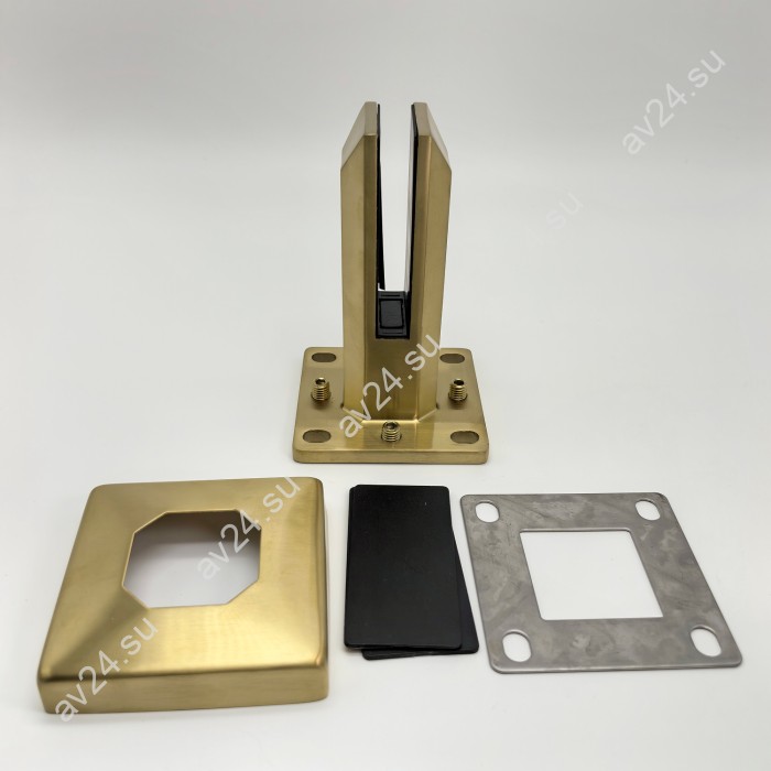 Стойка FOS-102 ПРЕМИУМ для стекла напольная 100х158 мм без сверления, дюплекс/брашированное золото