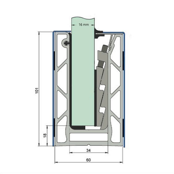 Профиль зажимной FOP-102.16 для стеклянных ограждений 16 мм, 102х60 мм, 6 м, алюминий/анодированный
