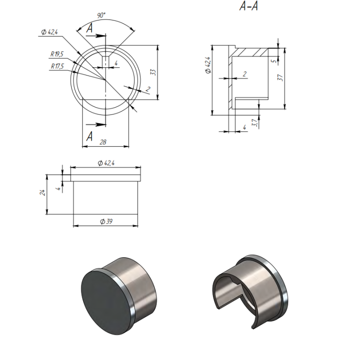 Заглушка FOP-42p.01 для поручня круглого O42.4 с пазом,GRIT600, нержавейка/полированный