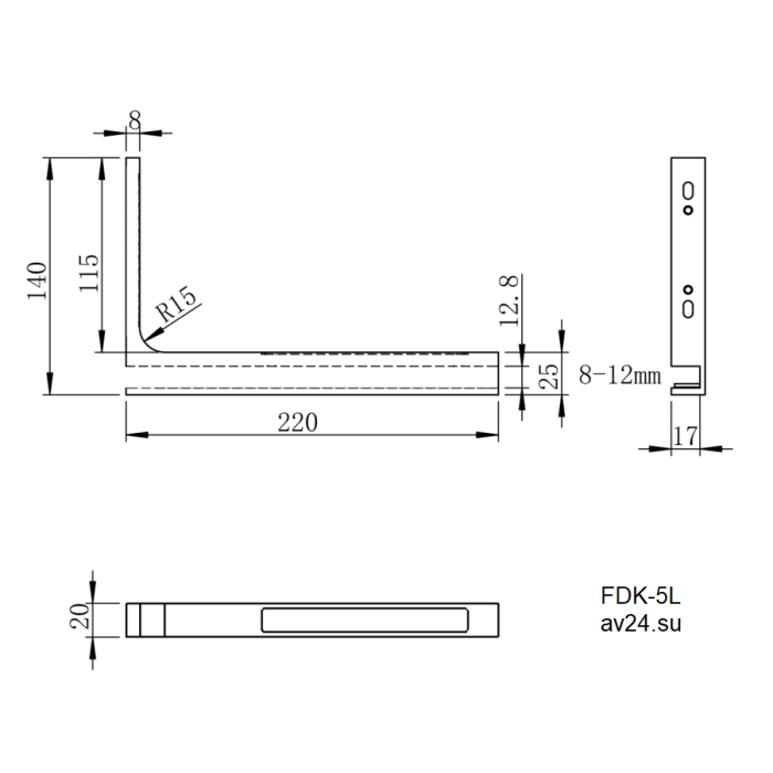 Угловой стабилизатор Диор FDK-5L стена-стекло 90˚ левый, нержавейка/бронза