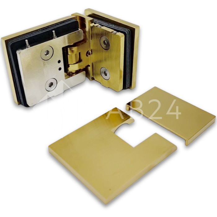 Петля Аврора FDP-184 стекло-стекло 90° с крышками, латунь/брашированное золото