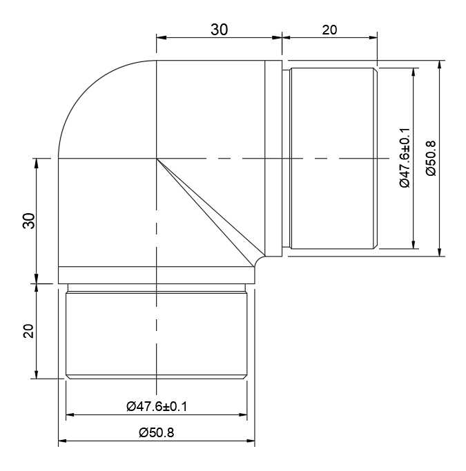 Отвод FOP-50.07 угловой 90° со вставками для трубы Ø50.8*1.5 мм, GRIT 320, нержавейка/матовый